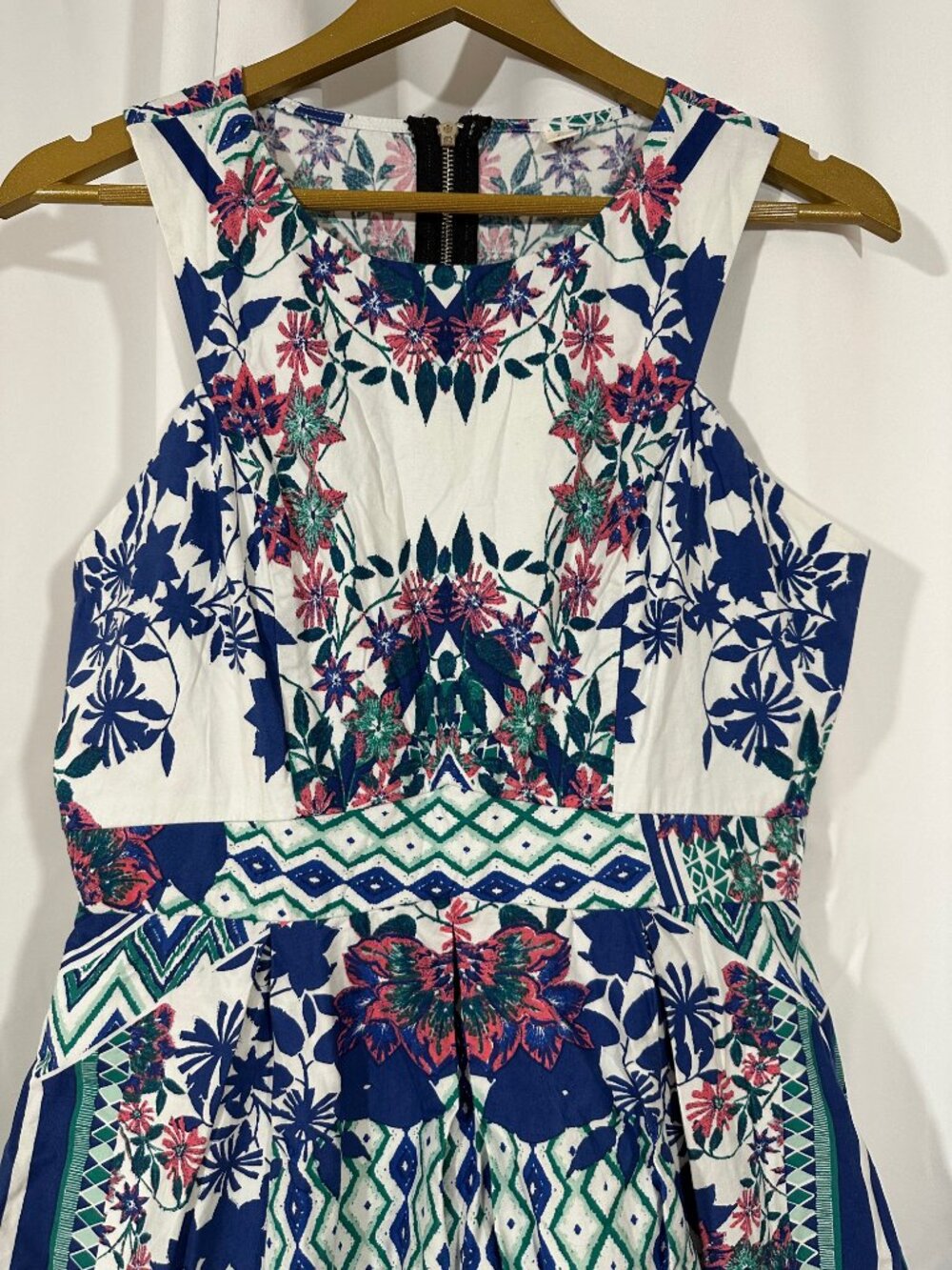 Boho Floral Fit & Flare Dress Large Blue White Cotton Border Print - Picture 6 of 12